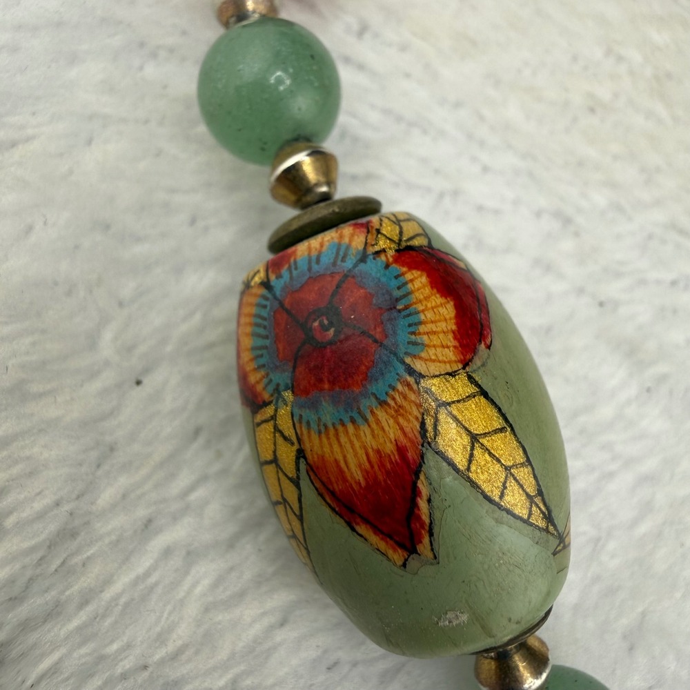 Vintage Beaded Necklace Cloisonne Green‎ Red Painted Floral Enamel 30in